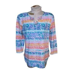 Ruby Rd Favorites Embellished Watercolor Stripe Print‎ Top Size M NWT